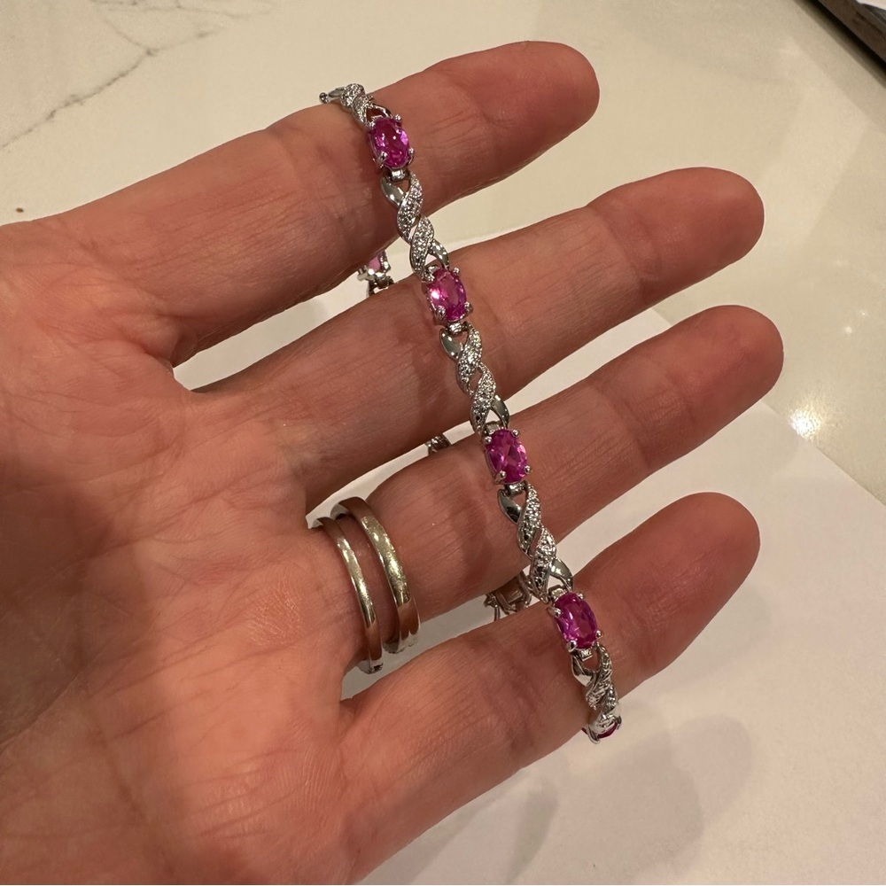 Sterling Silver 925 Hot Pink Topaz Gemstone Oval Tennis Bracelet 7.5” Length - Picture 4 of 12